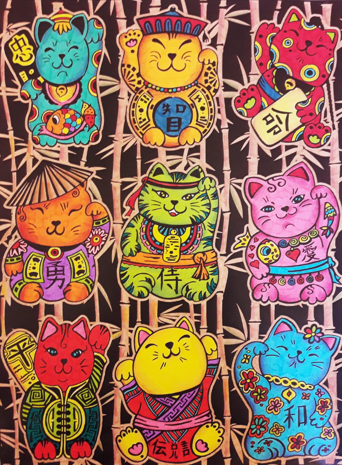 Gattini maneki neko - Quadro large in velluto da colorare ColorVelvet