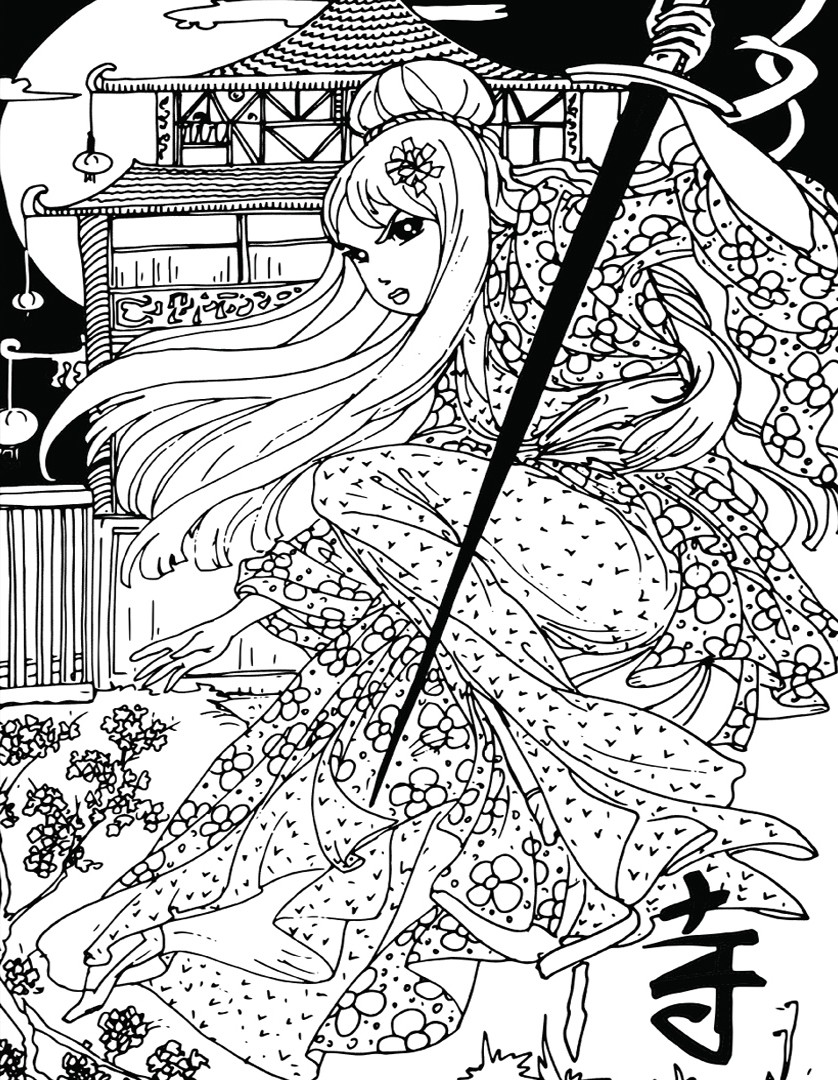 Donna Samurai disegno in bianco e nero da colorare